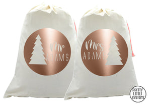 Personalised Christmas Santa Sack Couples Set - Mr & Mrs/Mr & Mr/ Mrs & mrs (your name) - circle, tree print