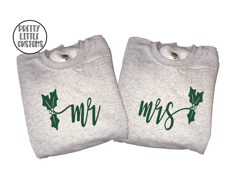 Mr & Mrs holly design print Christmas sweater set