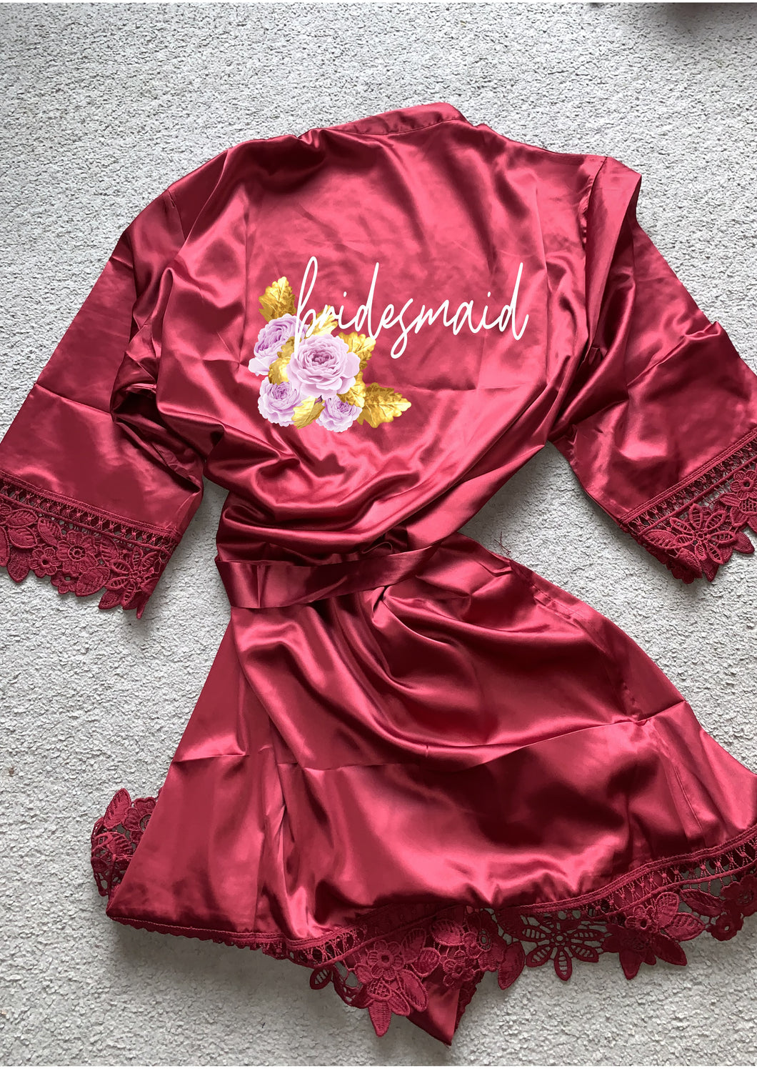 Set of Personalised bridal party robes  floral geometric wreath design  your role  dark red - satin and lace - adults, kids and plus sizes