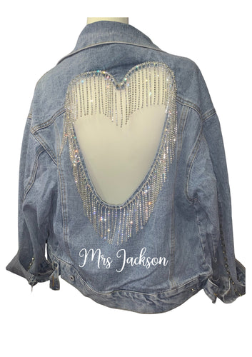 PRE ORDER - Personalised Mrs (your name) print wedding bridal denim jacket with diamante cut out heart back detail