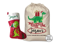 Load image into Gallery viewer, Personalised Christmas Santa Sack -  Dinosaur Special Delivery design