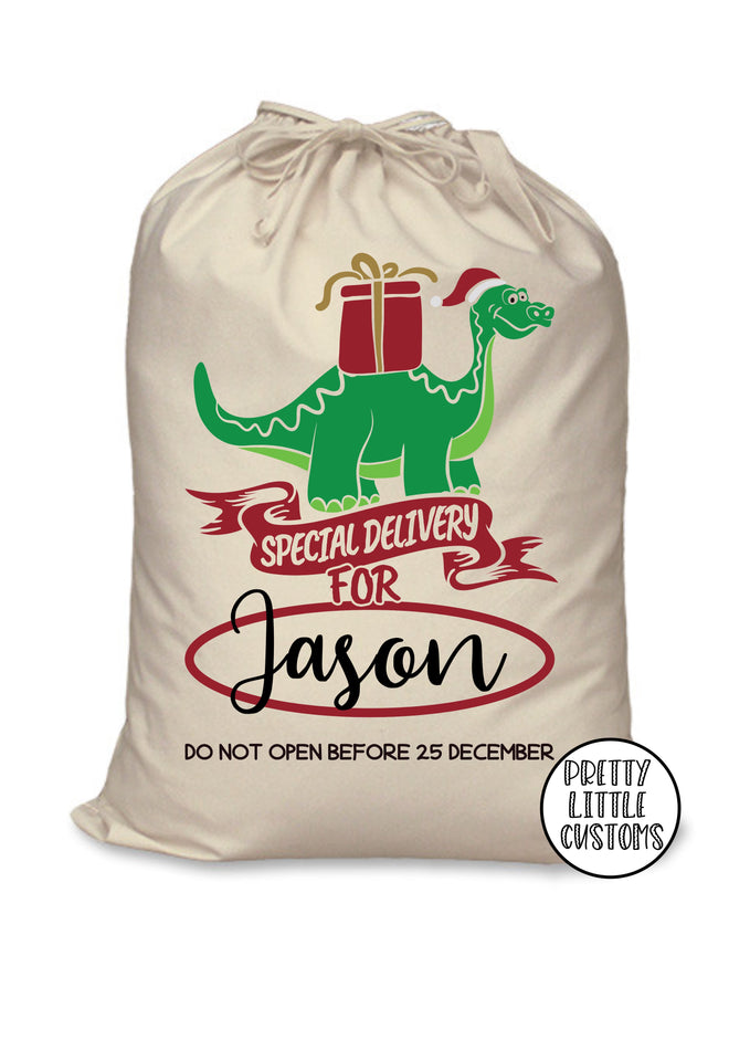 Personalised Christmas Santa Sack -  Dinosaur Special Delivery design