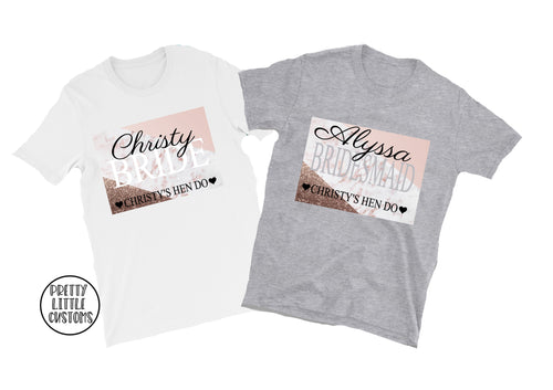 Personalised name & role hen party tees - pink/grey marble