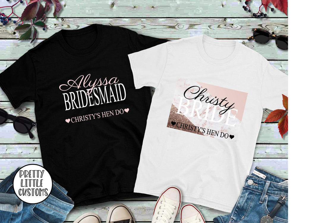 Personalised name & role hen party tees - pink/black marble