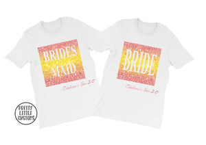 Personalised role Bride's name hen 2.0 party tees - pink, yellow ombre glitter print