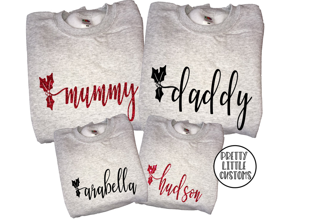 Personalised matching family Christmas  sweaters - your name - holly design - glitter