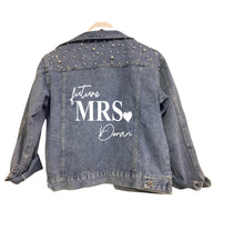 Load image into Gallery viewer, Personalised future Mrs (your name) print wedding bridal denim jacket with pearl detail and heart design