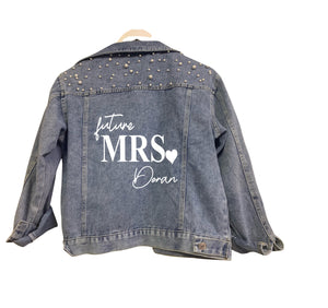 Personalised future Mrs (your name) print wedding bridal denim jacket with pearl detail and heart design