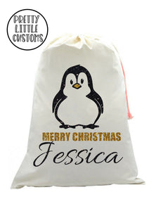 Personalised Christmas Santa Sack- Glitter Penguin