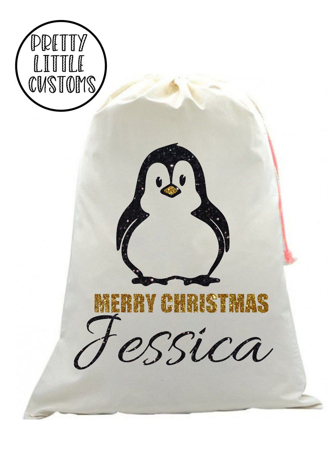 Personalised Christmas Santa Sack- Glitter Penguin