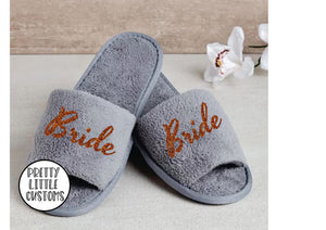 Grey Personalised bridal party glitter print slippers - Bride - Style 2