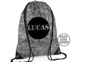 Personalised kids name print gym bag/PE bag/school bag - light camo