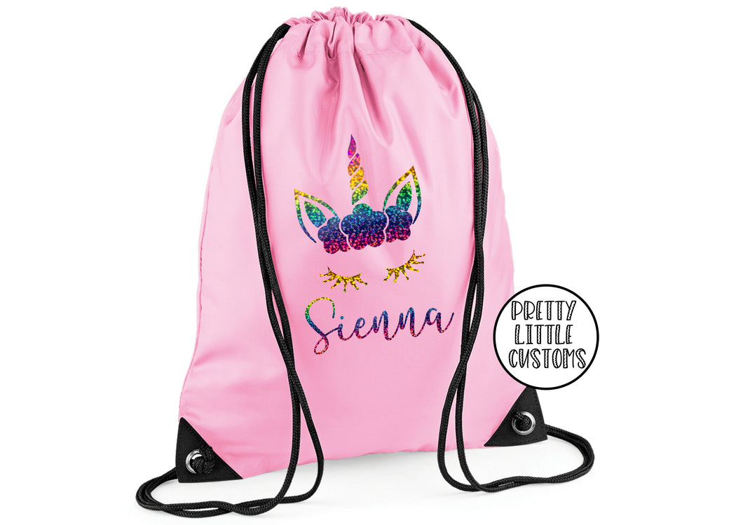 Personalised kids name gym bag/PE bag/school bag - rainbow unicorn