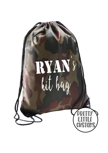Personalised kids name kit bag print gym bag/PE bag/school bag - camo