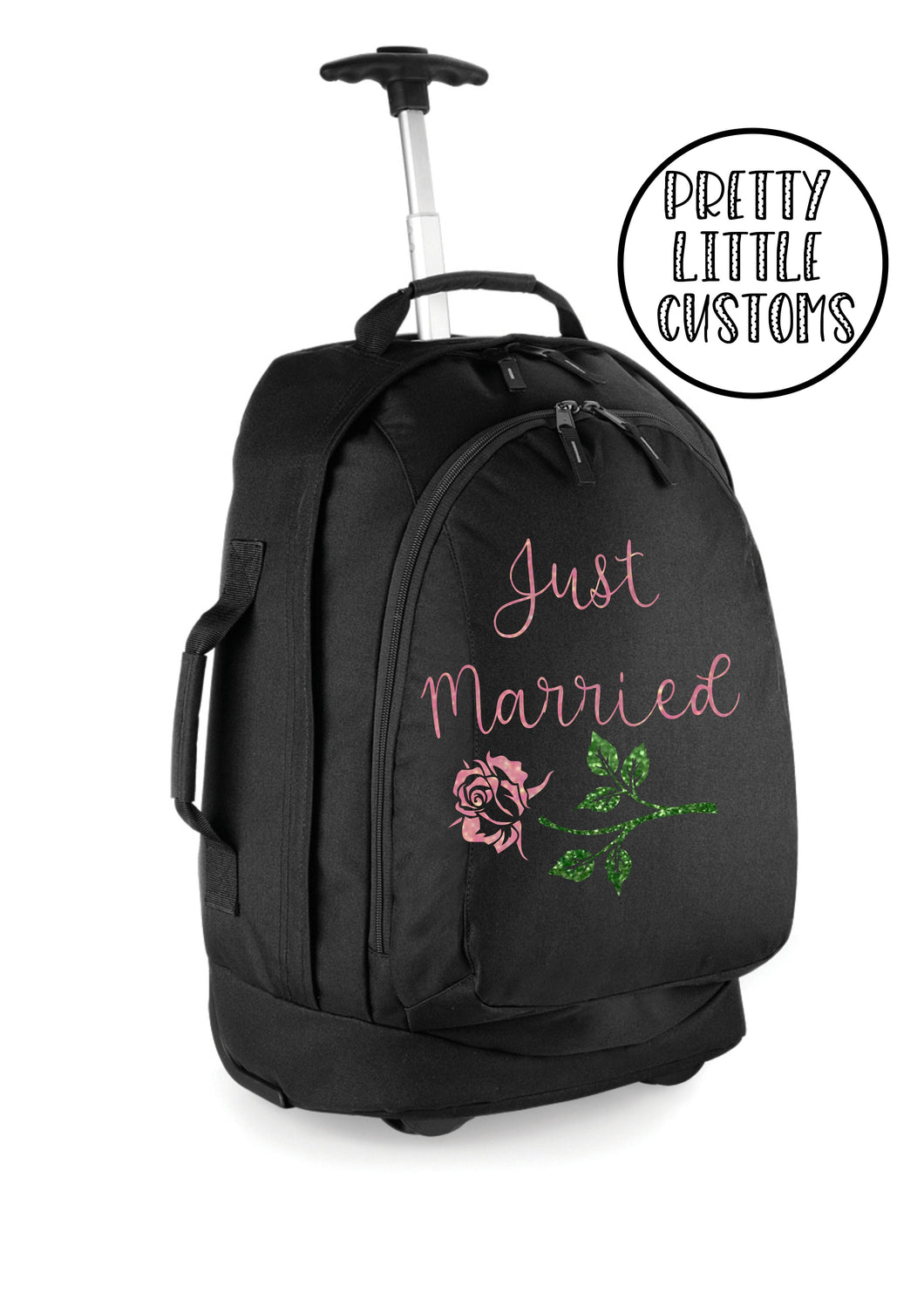Personalised honeymoon travel bag /cabin luggage size suitcase - glitter Just Married rose design