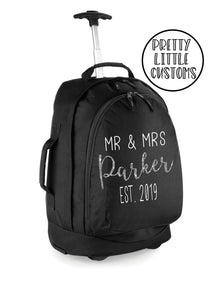 Personalised honeymoon travel bag /cabin luggage size suitcase - glitter Mr & Mrs (your surname) Est. (year) design