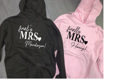 Load image into Gallery viewer, Personalised finally Mrs (your name)! print hoody - black or pink