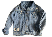 Load image into Gallery viewer, Personalised wedding (your initials ) bridal denim jacket with pearl detail and patches