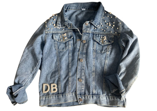Personalised wedding (your initials ) bridal denim jacket with pearl detail and patches