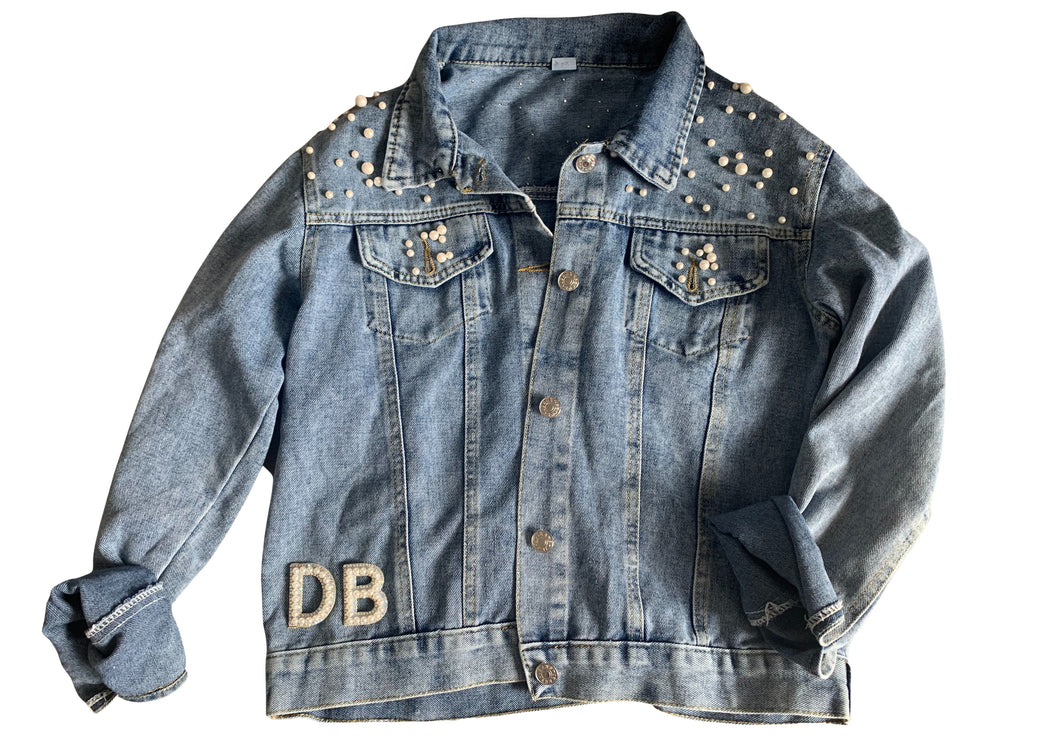 Personalised wedding (your initials ) bridal denim jacket with pearl detail and patches