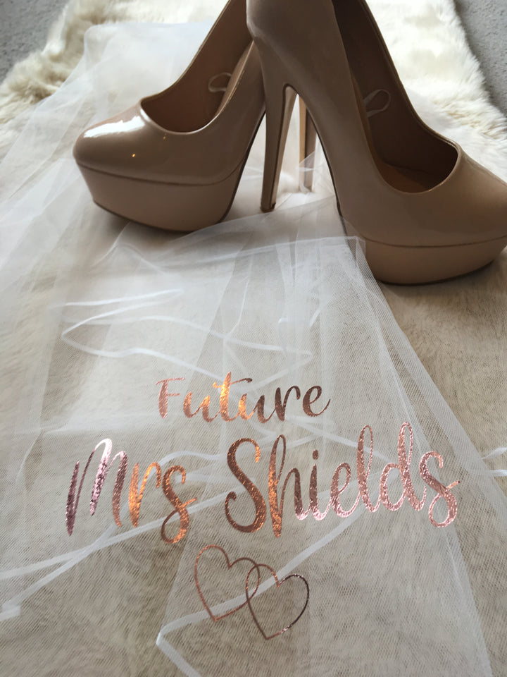 Personalised Future Mrs (Your Name) hen party veil - rose gold/gold/black
