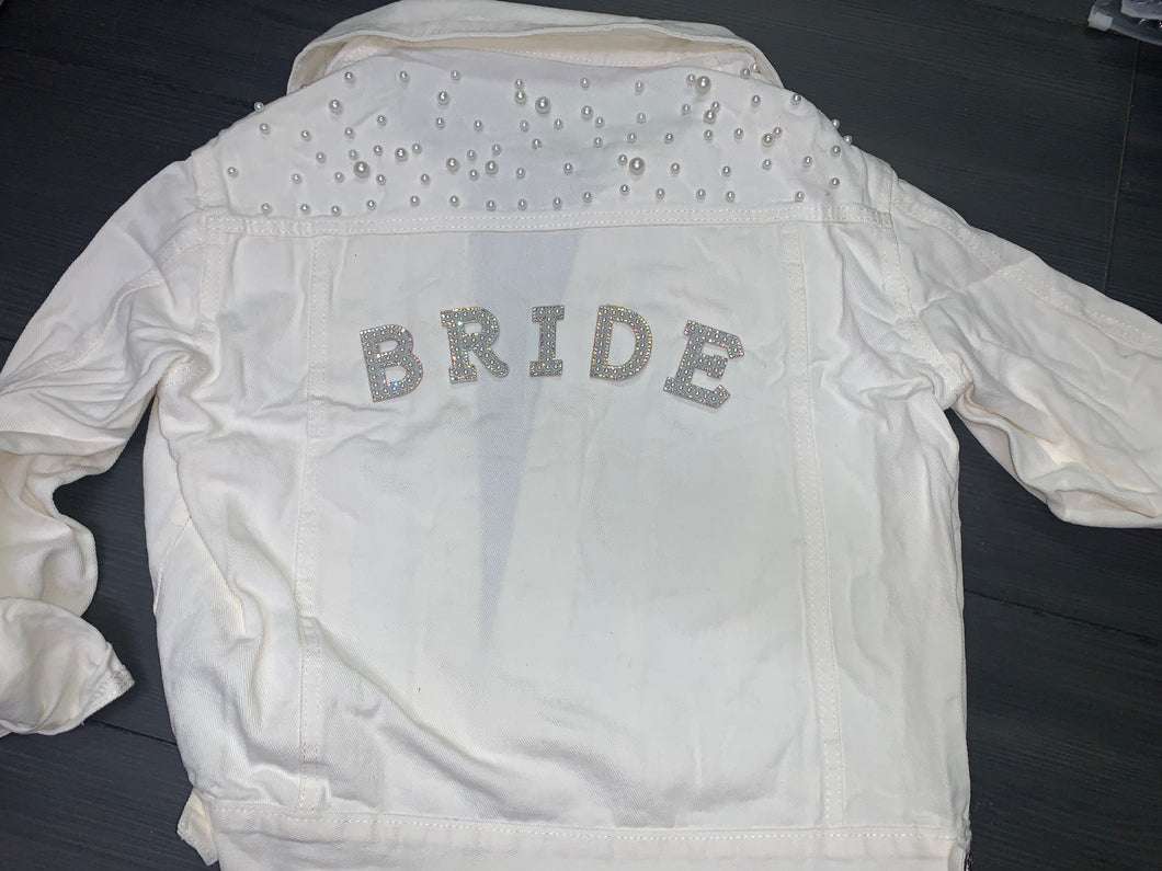 Personalised wedding bridal denim jacket white with pearl detail and bride patches