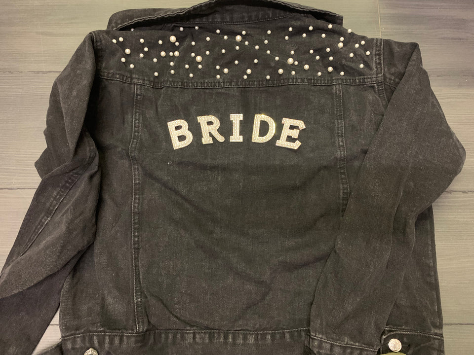 Personalised wedding bridal denim jacket black with pearl detail and bride patches