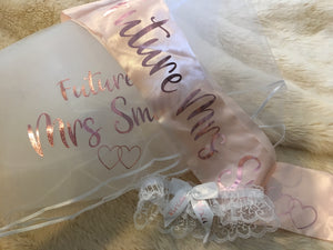 Personalised Future Mrs (Your Name) hen party veil, sash & garter set - rose gold