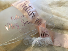 Load image into Gallery viewer, Personalised Future Mrs (Your Name) hen party veil, sash &amp; garter set - rose gold