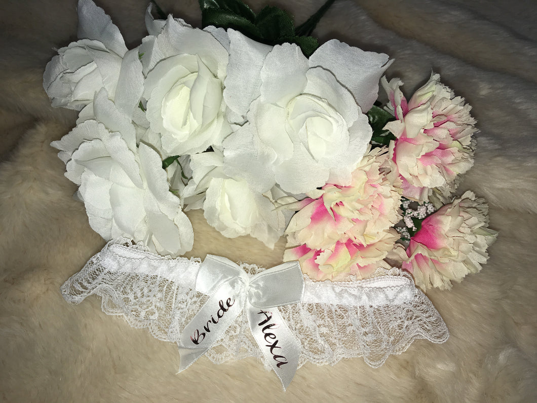 Personalised  bridal lace garter  - Bride, your name - rose gold