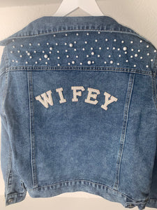 Personalised wedding bridal denim jacket with pearl detail and wifey patches