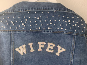 Personalised wedding bridal denim jacket with pearl detail and wifey patches