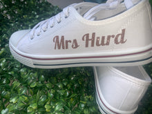 Load image into Gallery viewer, Personalised print ladies glitter print canvas wedding trainers Mrs (Your Name) - BOLD style - glitter or metallic prints available