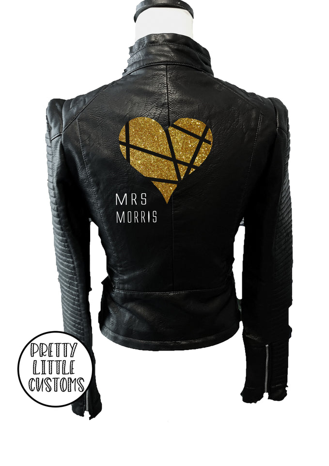 Personalised ladies glitter print faux leather wedding jacket (your name ) - geometric heart design