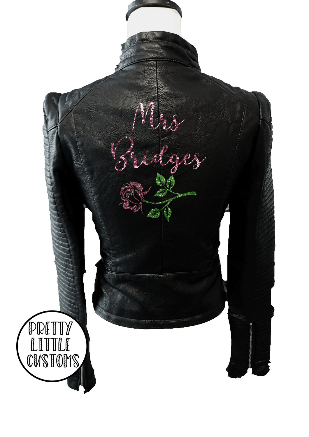 Personalised Mrs (Your Name) rose glitter print ladies faux leather wedding jacket