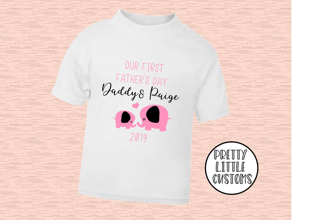 Personalised Our First Father's Day elephant print kids t-shirt - pink