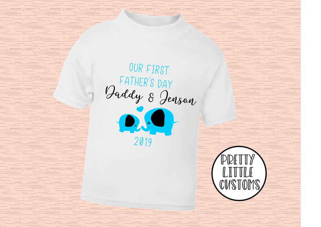 Personalised Our First Father's Day elephant print kids t-shirt - blue