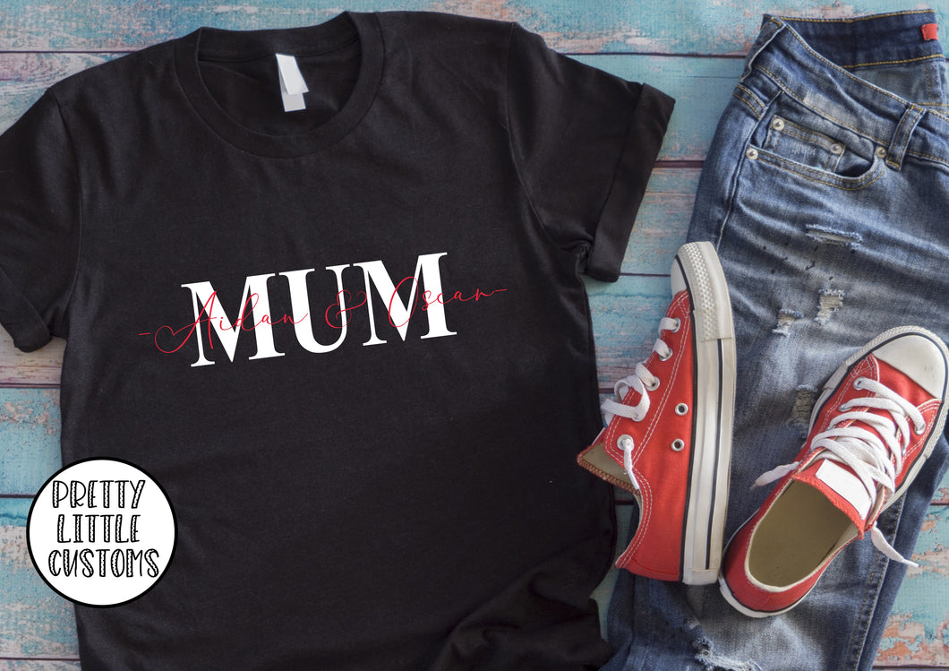 Personalised Mum print t-shirt with kids names