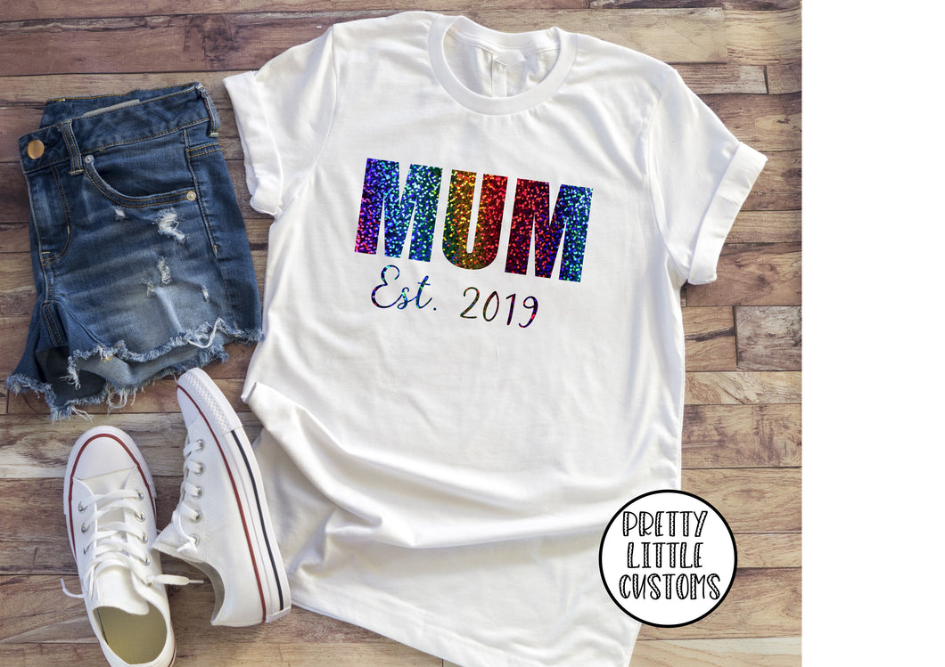Personalised Mum Est. (your year) rainbow print t-shirt - white