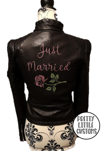 Just Married rose glitter print ladies faux leather wedding jacket