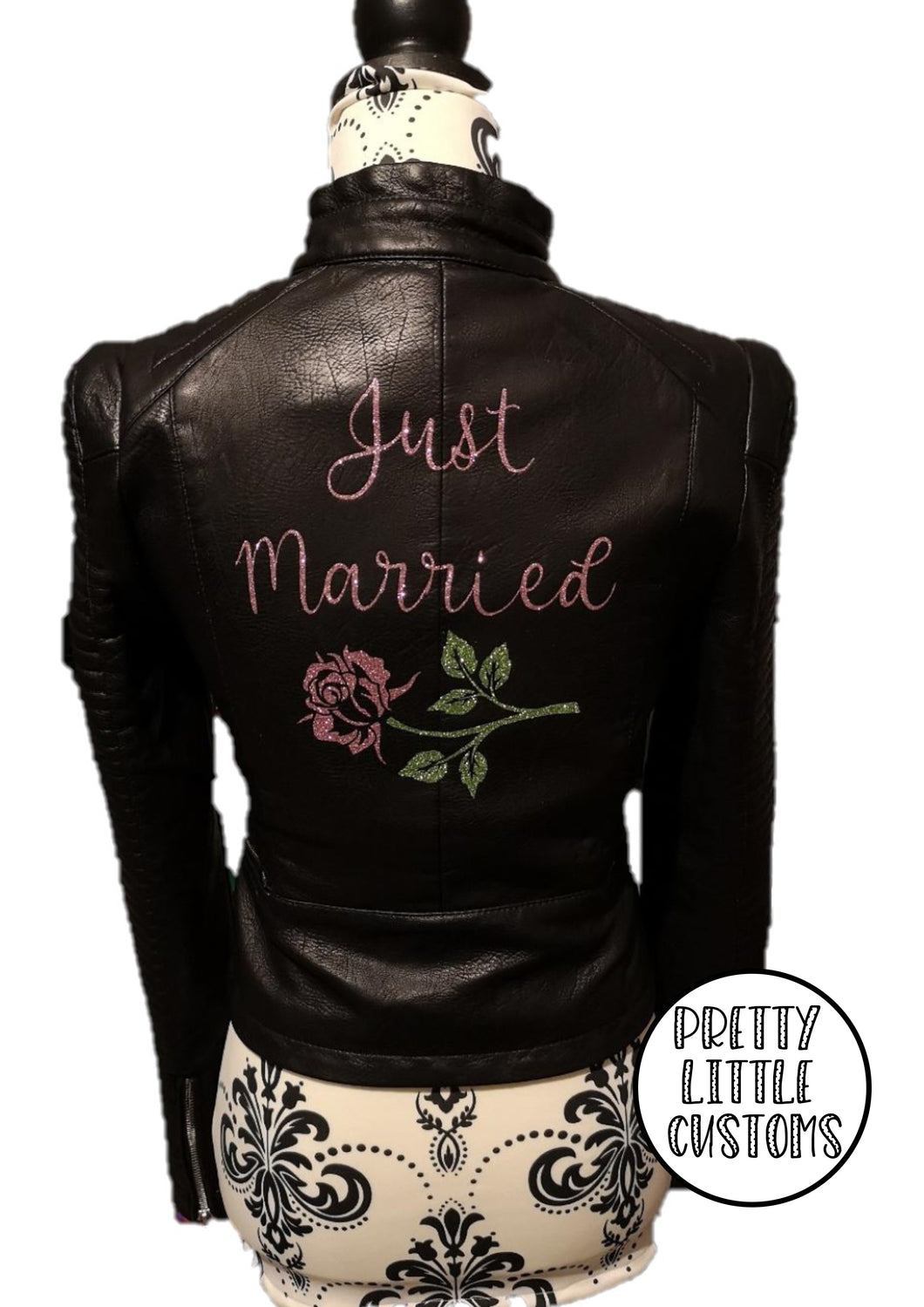 Just Married rose glitter print ladies faux leather wedding jacket
