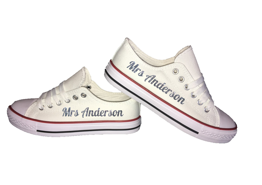 Personalised print ladies print canvas wedding trainers Mrs (Your Name) GLITTER