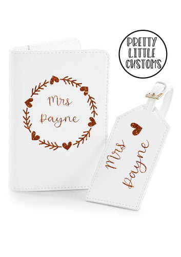 Personalised Mrs (your name) honeymoon luggage set - luggage tag & passport holder - white