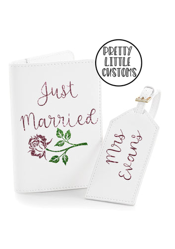 Personalised Mrs (your name), Just Married honeymoon rose luggage set - luggage tag & passport holder - white