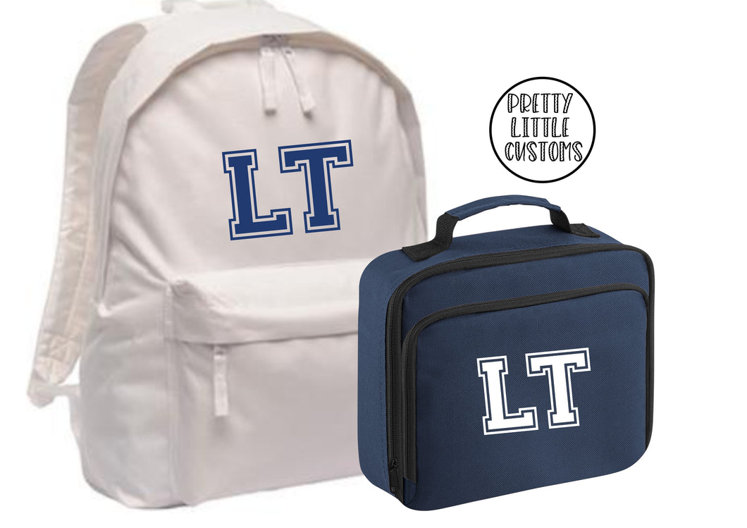 Personalised kids initials lunch bag & rucksack school set- navy/white