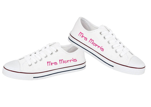 Personalised print ladies glitter print canvas wedding trainers Mrs (Your Name) - HEARTS style - glitter or metallic prints available
