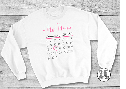 Personalised Mrs (your name and wedding date)  calendar print sweater - white