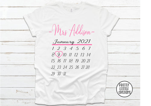 Personalised Mrs (Your Name & wedding date) calendar print tee - white