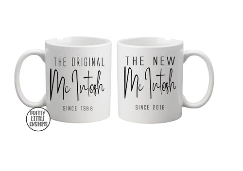 The original & the new (your surname) since (your years) personalised wedding print mug set