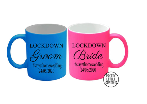 Personalised lockdown Bride & Groom neon mug set #stayathomewedding, your original date commemorative print mug